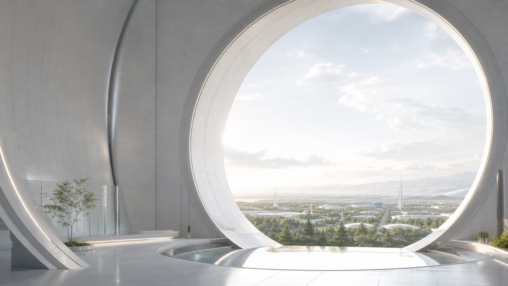 Circular observatory framing a luminous horizon