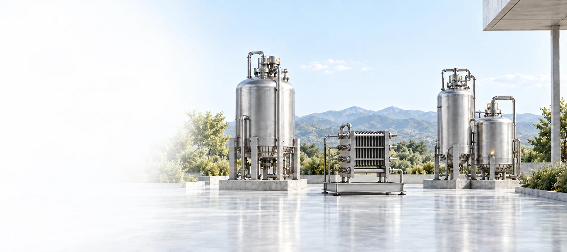 Illustrative SuperFuel system with three stainless storage vessels and a planar electrochemical stack on an open terrace