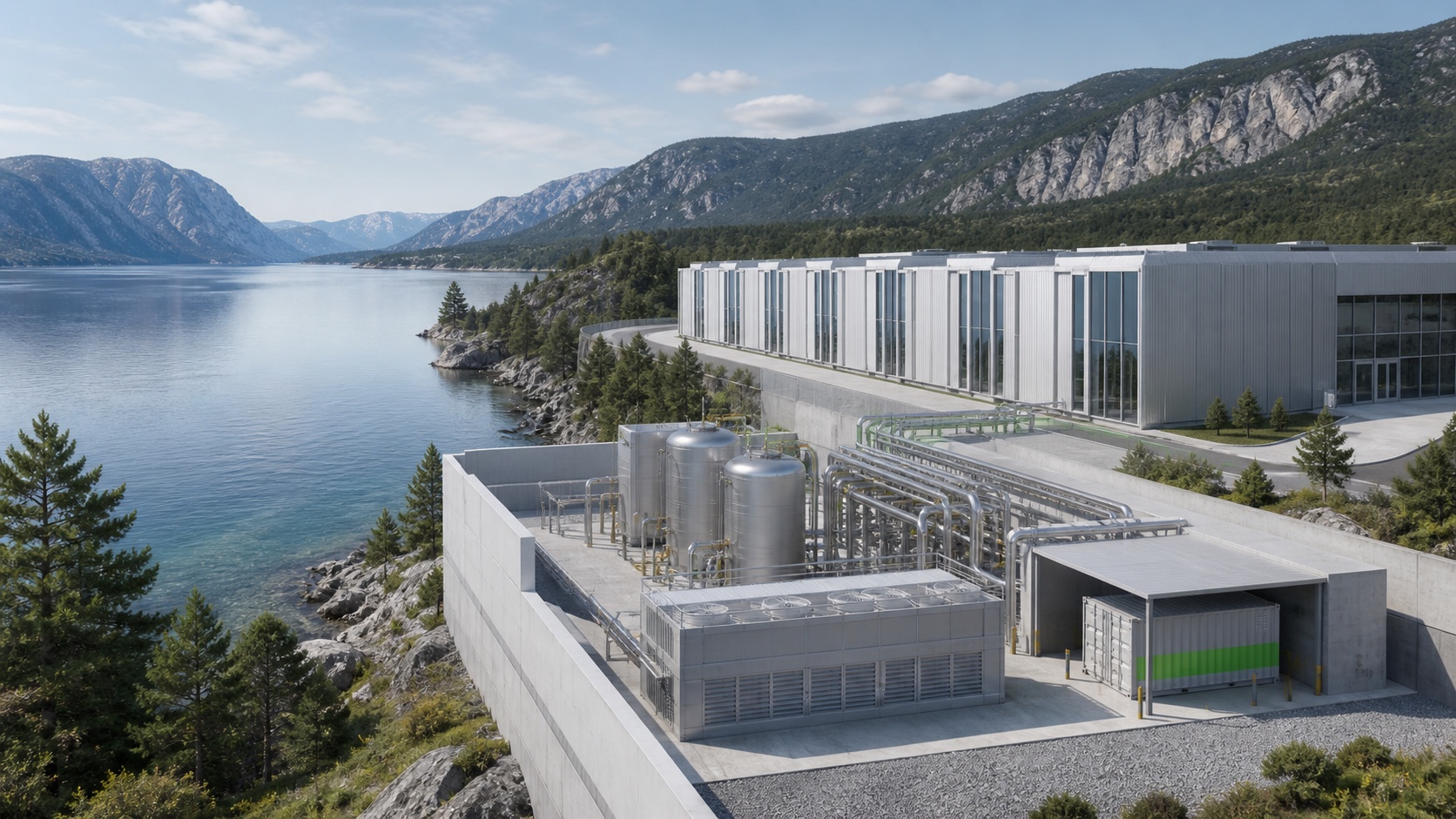Conceptual data center campus beside a compact onsite SuperFuel service plant in a mountain lake landscape