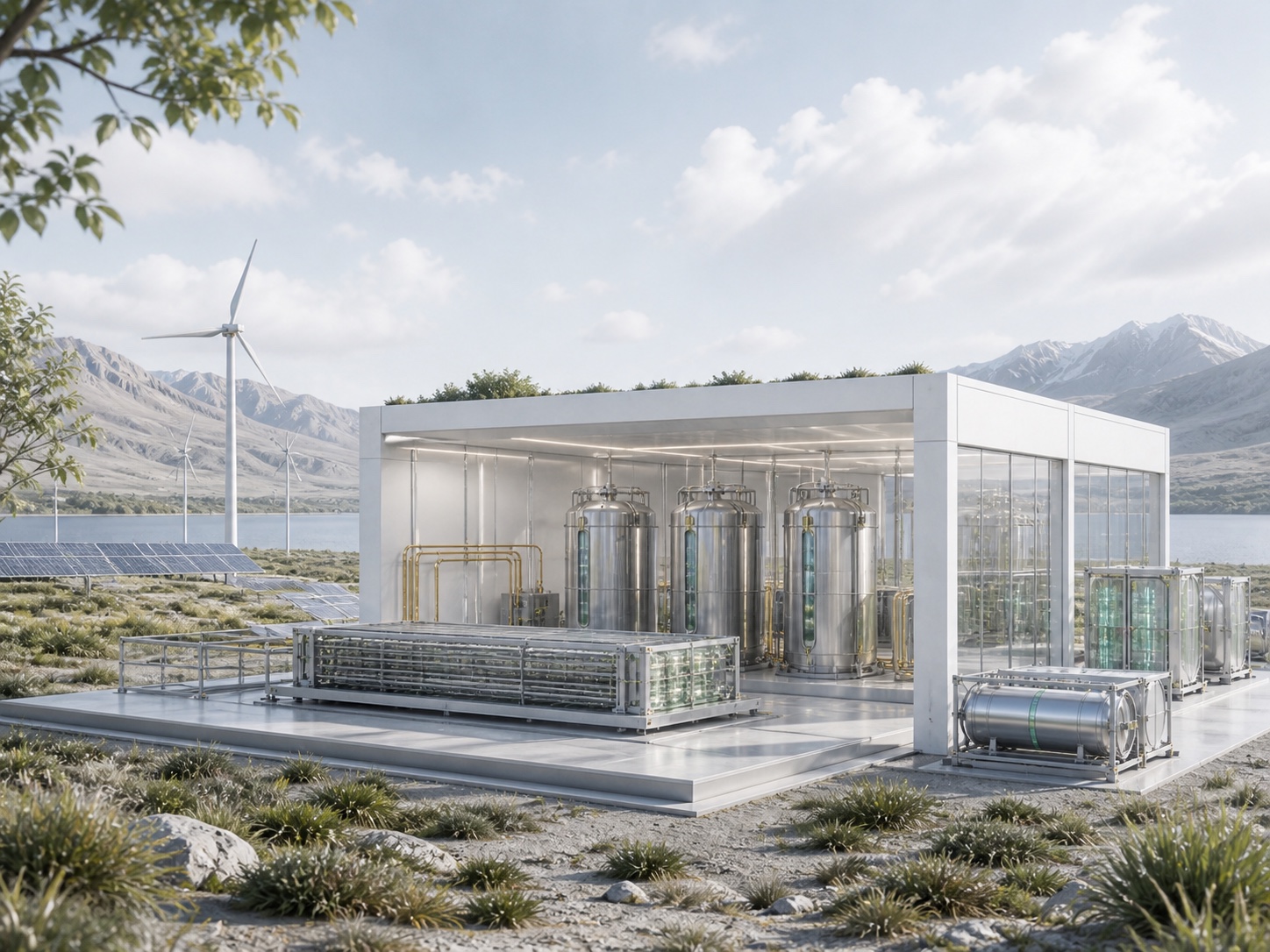 Illustrative renewable-powered facility preparing SuperFuel material for energy storage