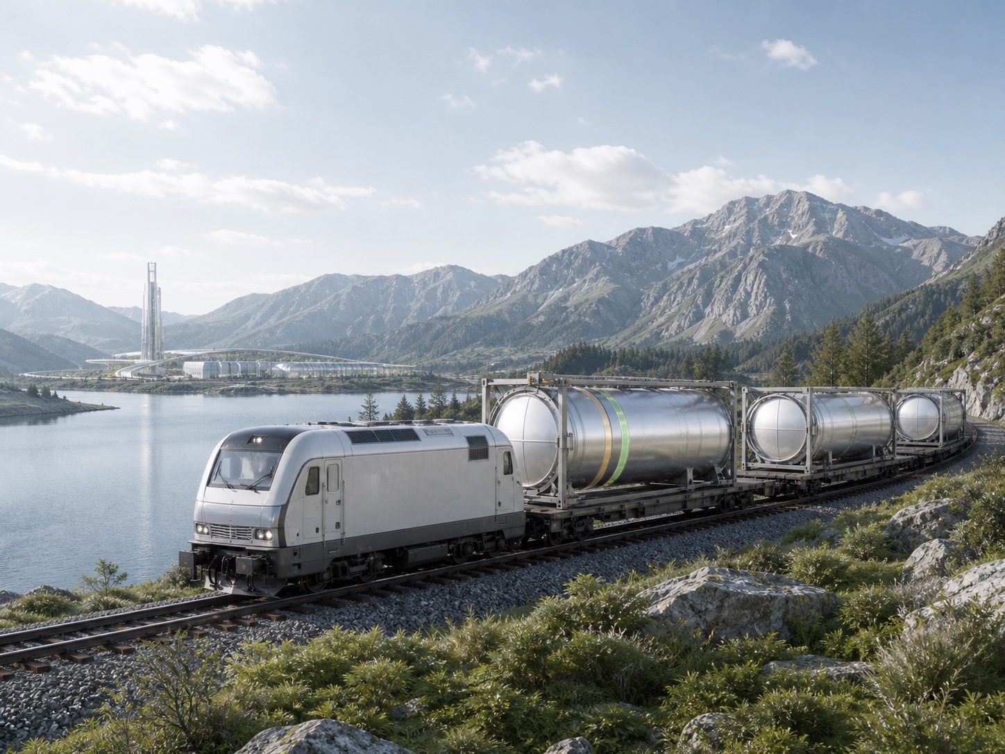 Illustrative train transporting sealed SuperFuel energy-material containers through a mountain corridor