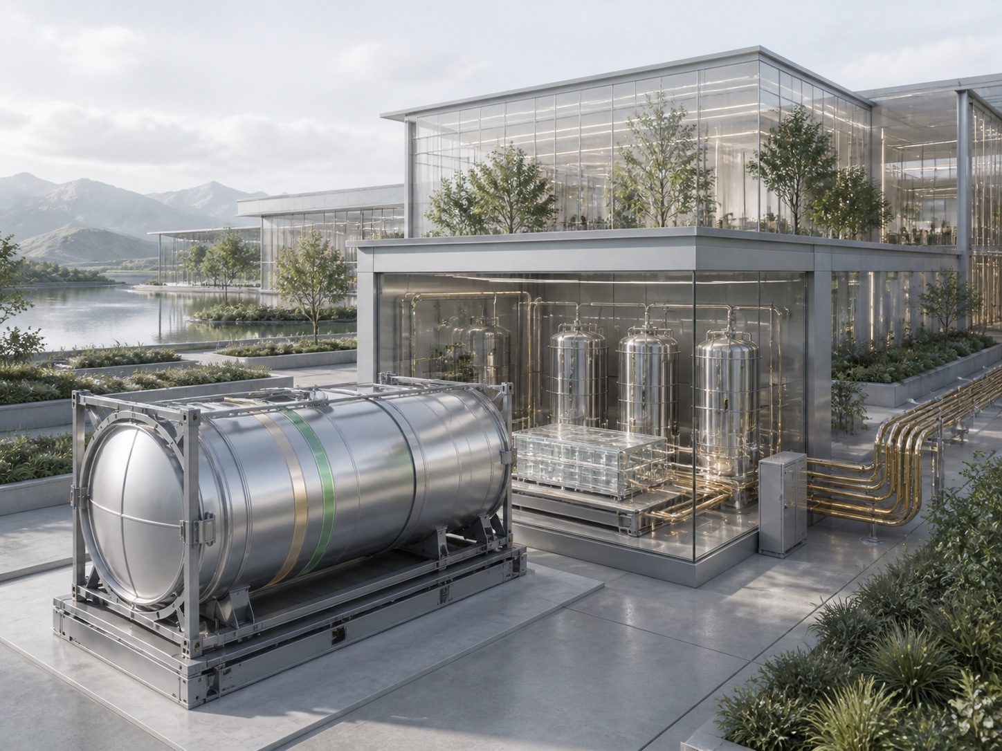Illustrative external energy-material container beside a discharge system and compute campus