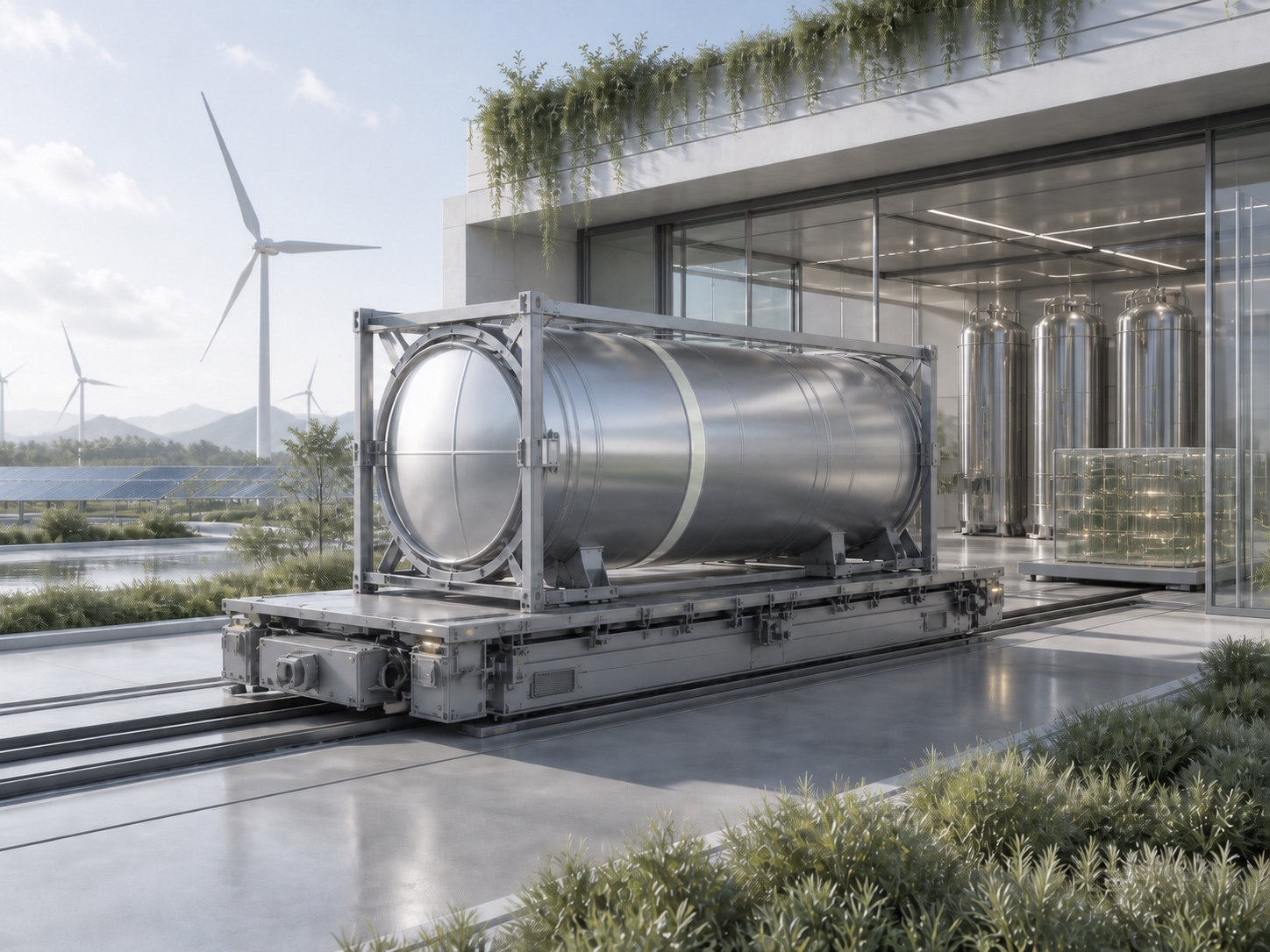 Illustrative combined-state material container returning to a renewable-powered receiving facility