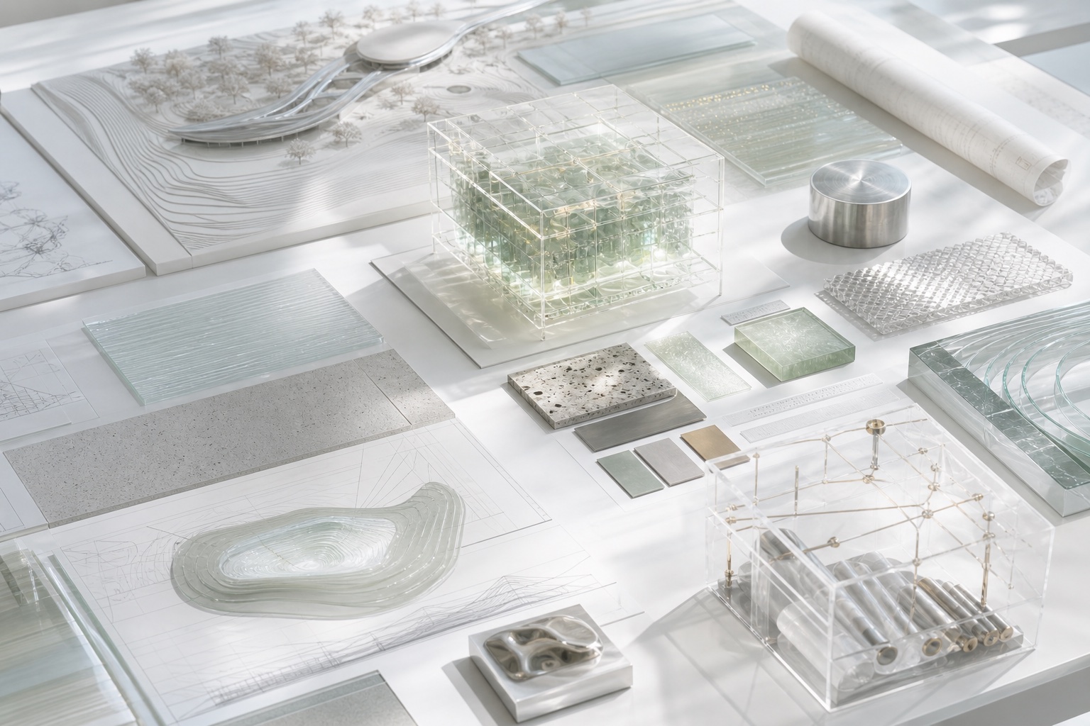 Systems-design table with models and material studies