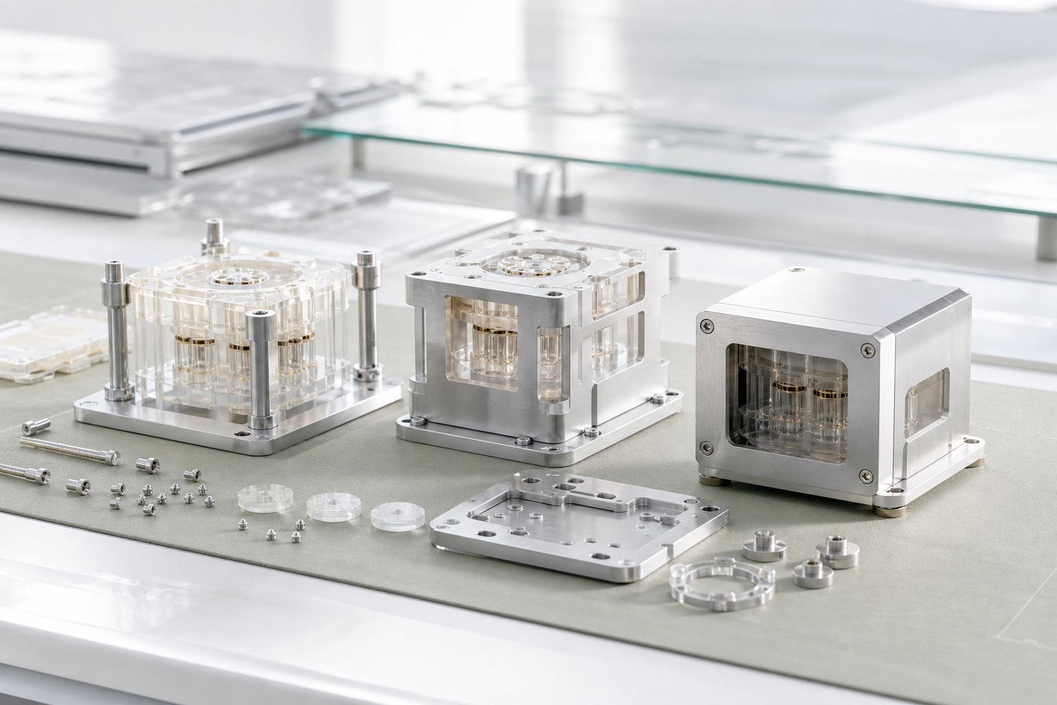 Related prototype modules at successive stages of assembly