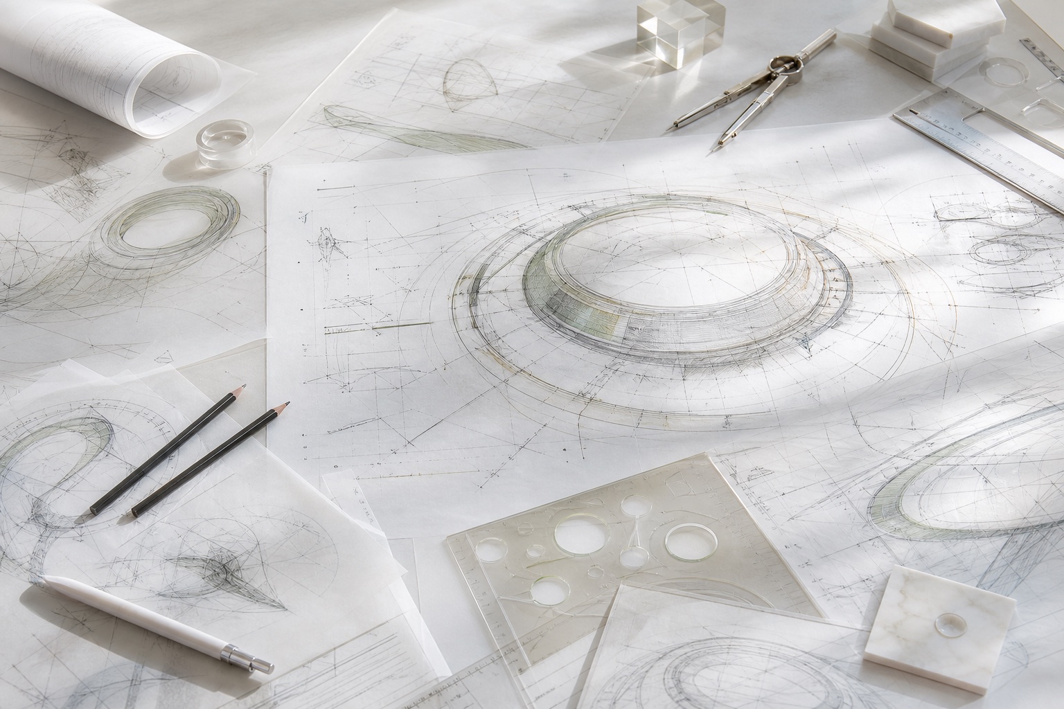 Physical technical drawing study on vellum