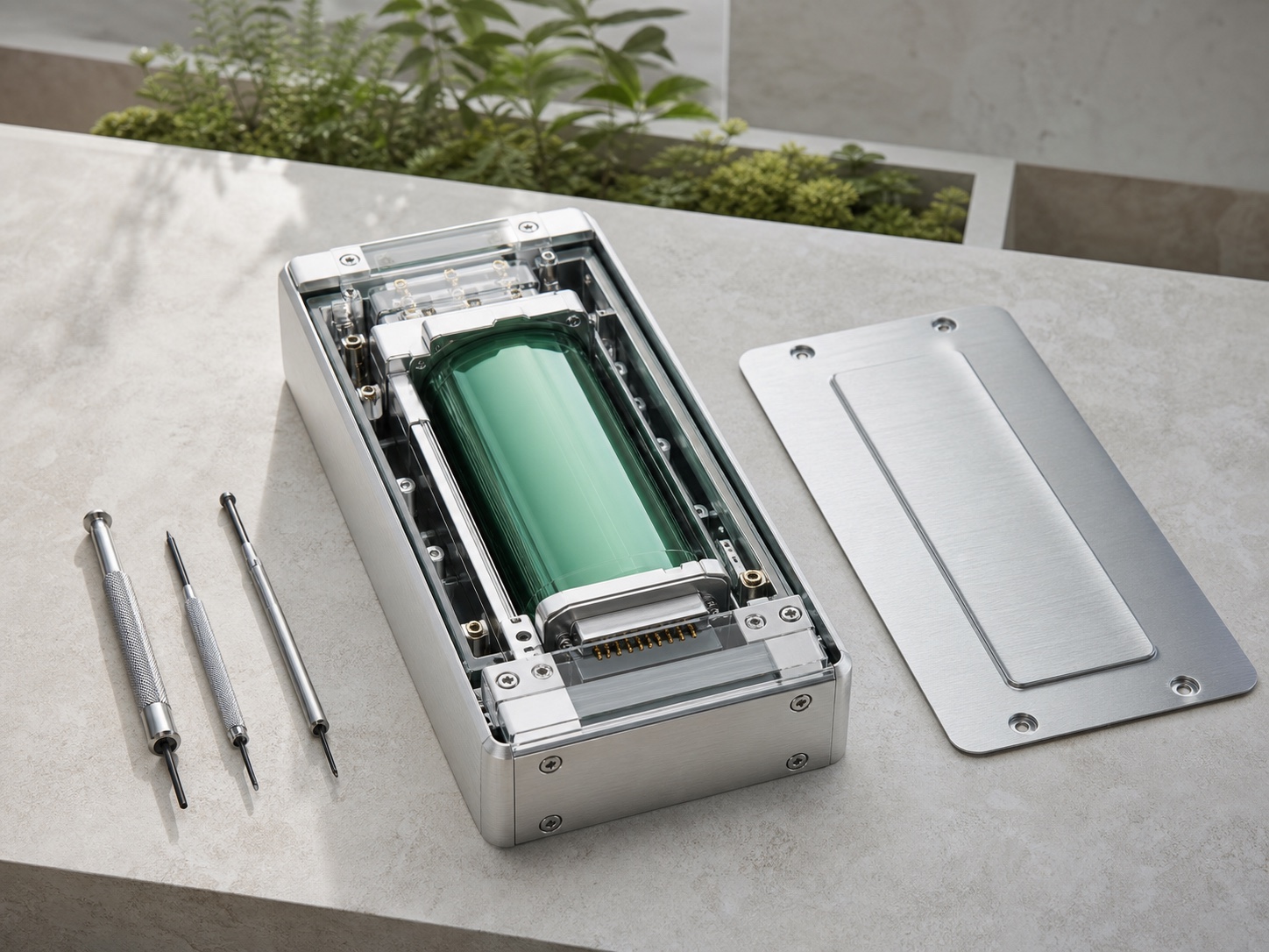 Serviceable energy module opened beside its removable cover and maintenance tools